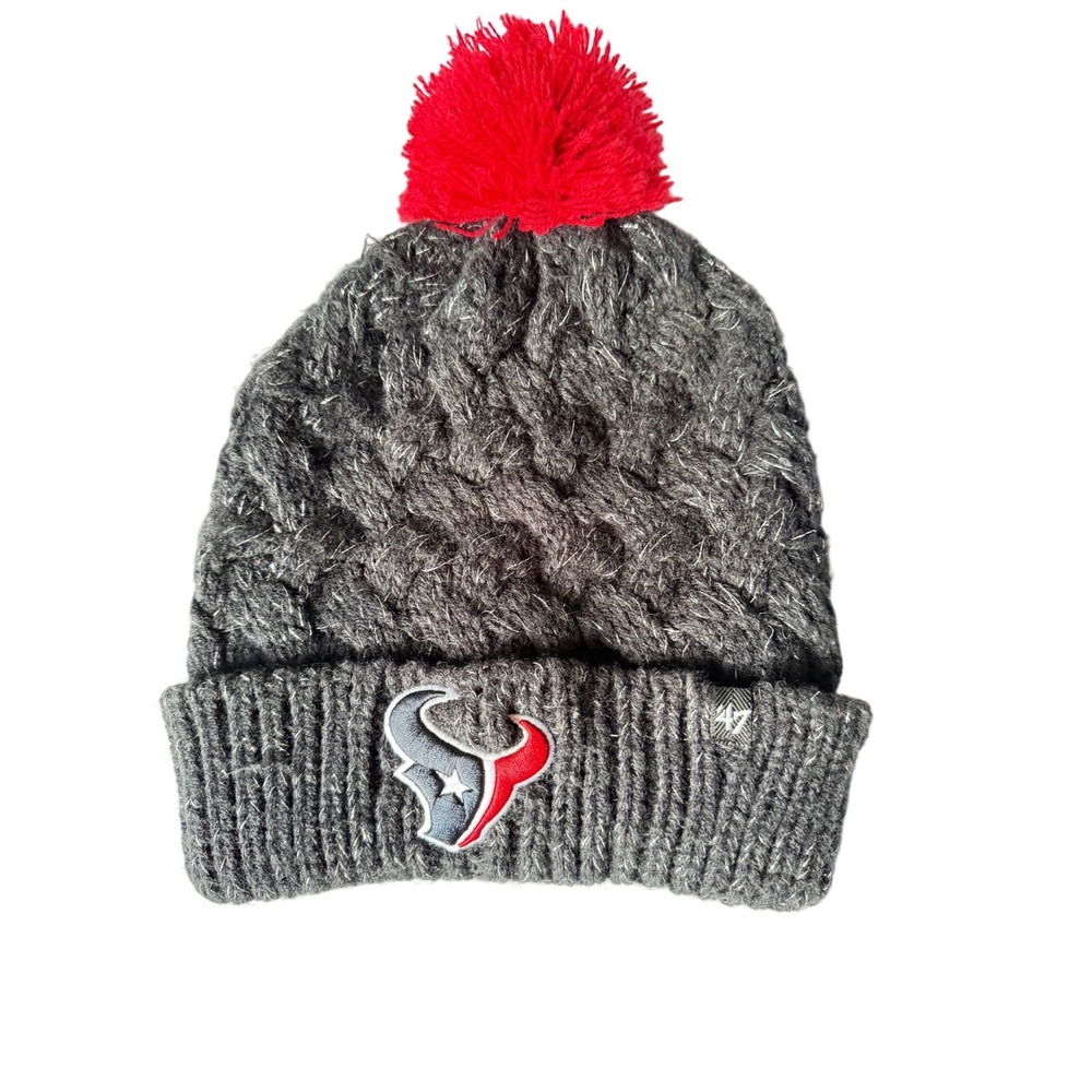 47 Brand Houston Texans Womens Beanie Hat Gray Cable Knit Pom Pom Metallic NFL